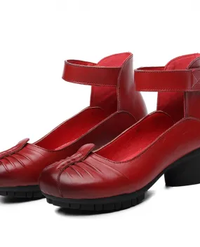 2022 Primavera Autunno Stile Nazionale Donne Scarpe di Cuoio Genuini Con Tacco Med Quadrato Donna Punta Rotonda Cinturino Alla C