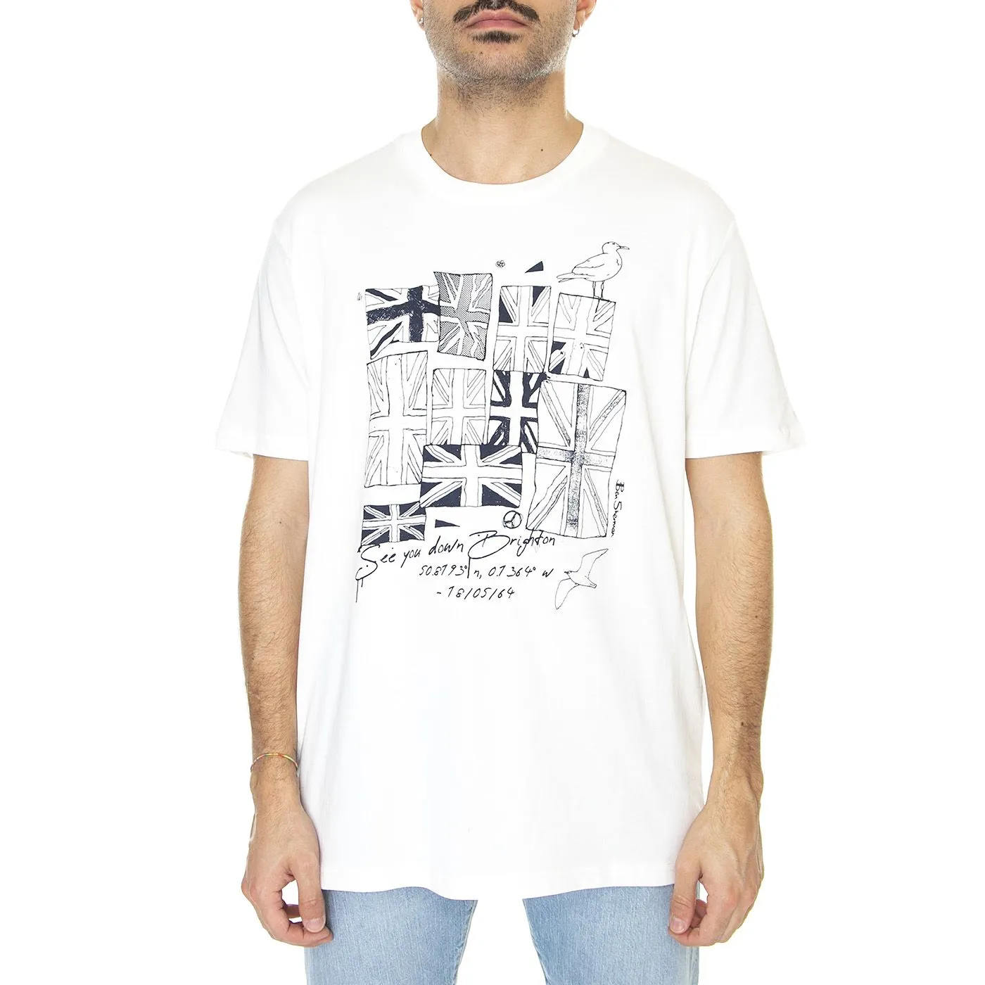 Ben Sherman Brighton Flags Tee Ivory - Maglietta Girocollo Uomo Bianca    